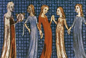 Source: Jewish women from Aragon dancing, ca. 1350–1360. Sarajevo, National Museum, Haggada, folio 28 recto. From Metzger, Jewish Life in the Middle Ages (Secaucus: Chartwell Books, 1982), p. 216. 