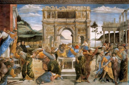 The Punishment of Korah and the Stoning of Moses and Aaron. Fresco by Sandro Botticelli in the Sistine Chapel, 1480-82. Source: Web Gallery of Art.