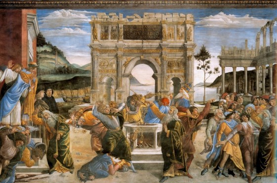The Punishment of Korah and the Stoning of Moses and Aaron. Fresco by Sandro Botticelli in the Sistine Chapel, 1480-82. Source: Web Gallery of Art.